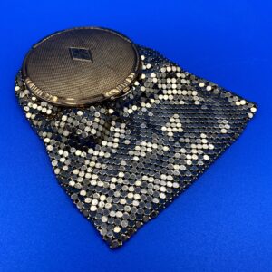 Vintage goldtone mesh compact with attached bag