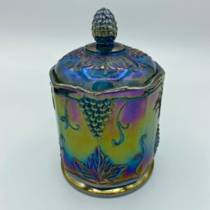 Beautiful mid-century Iridescent carnival glass / Indiana glass jar with lid
