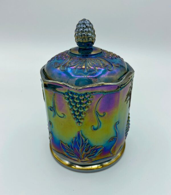 Beautiful mid-century Iridescent carnival glass / Indiana glass jar with lid
