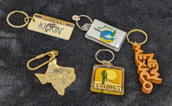 Five Souvenir Keychains -- New Mexico, Kansas, Texas, Arizona