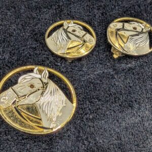 Vintage Gold Tone and Enamal Horse Head Brooch and Clip-on Earrings