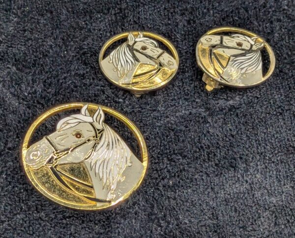 Vintage Gold Tone and Enamal Horse Head Brooch and Clip-on Earrings