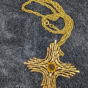 Vintage Sarah Coventry Gold-Tone Cross Necklace | Textured 1970s Cross Pendant with Amber Glass Stone | 24” Chain