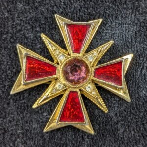 Vintage 1960s Gold-Tone Maltese Cross Brooch | Red Enamel & Ruby Glass Cabochon | Rhinestone Accent Pin | Regal Statement Jewelry