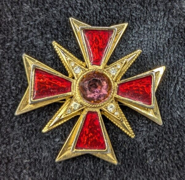 Vintage 1960s Gold-Tone Maltese Cross Brooch | Red Enamel & Ruby Glass Cabochon | Rhinestone Accent Pin | Regal Statement Jewelry