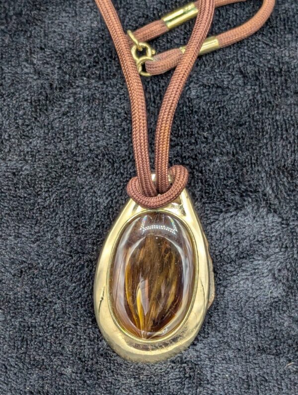 Vintage Sarah Coventry Faux Tiger Eye Style Pendant Necklace | Gold-Tone Teardrop with Brown Cord | 26” Retro Statement Jewelry