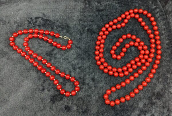 Two Strands of Red Beaded Necklaces, 18" & 36"