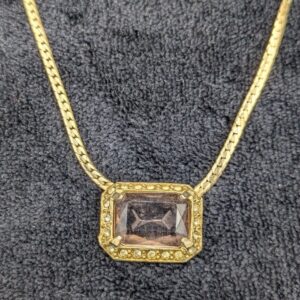 Vintage Gold-Tone Necklace | 16" Chain with Faceted Pale Purple Glass Cabochon and Rhinestone Halo | Retro Statement Jewelry