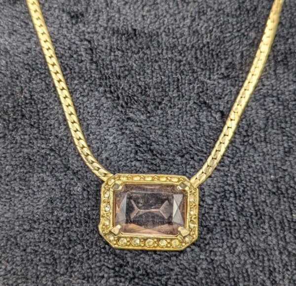 Vintage Gold-Tone Necklace | 16" Chain with Faceted Pale Purple Glass Cabochon and Rhinestone Halo | Retro Statement Jewelry