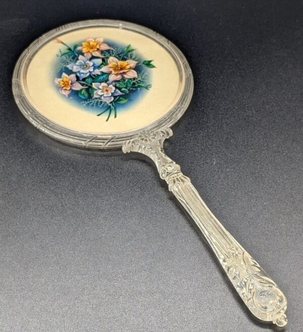 Vintage Plastic Hand Mirror with Floral Scene