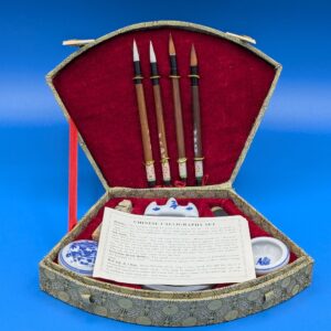 Vintage Chinese Calligraphy Set with Ink Stone, Brushes & Porcelain Inkwell - Elegant Collectible Writing Kit