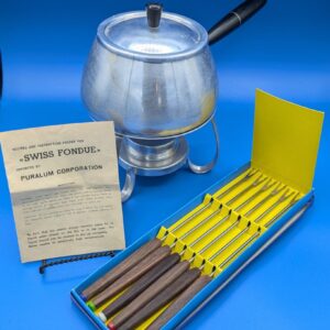Vintage Fondue Set - Aluminum Pot with 6 Stainless Steel Forks - Rosewood Handles - Made in Italy - Puralum - Retro Kitchen Decor