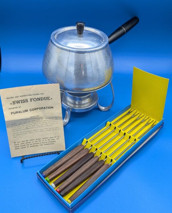 Vintage Fondue Set - Aluminum Pot with 6 Stainless Steel Forks - Rosewood Handles - Made in Italy - Puralum - Retro Kitchen Decor