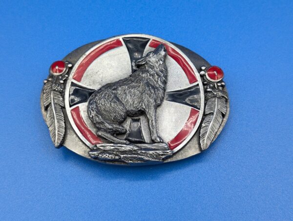 Vintage Siskiyou Wolf Belt Buckle with Native American Feather, Red and Black Details, Howling Wolf Design, Western Accessory