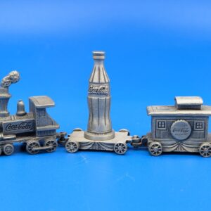 Vintage Coca Cola Coke Pewter Train Set - Engine, Bottle, Caboose - Missing Bear Car - Collector's Item