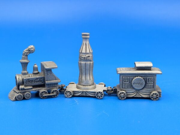 Vintage Coca Cola Coke Pewter Train Set - Engine, Bottle, Caboose - Missing Bear Car - Collector's Item