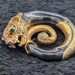 Vintage Gold Tone and Black Panther Brooch with Rhinestone Accents