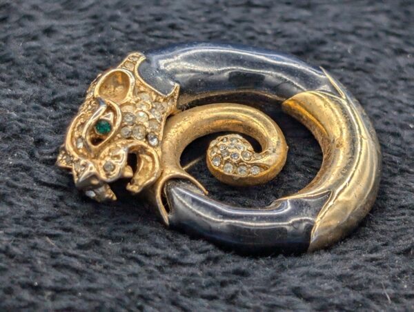 Vintage Gold Tone and Black Panther Brooch with Rhinestone Accents