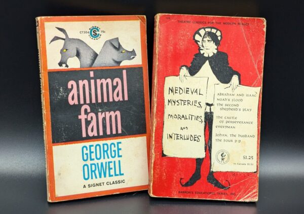 Set of 2 1960s Vintage Paperback Books: "Animal Farm" by George Orwell, "Medieval Mysteries, Moralities, and Interludes"