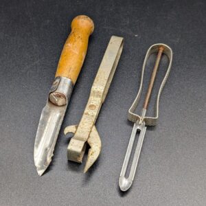Lot of 3 Vintage Kitchen Utensils: Peeler, Corer/Peeler, Can Opener/Corkscrew - Rustic Kitchen Decor