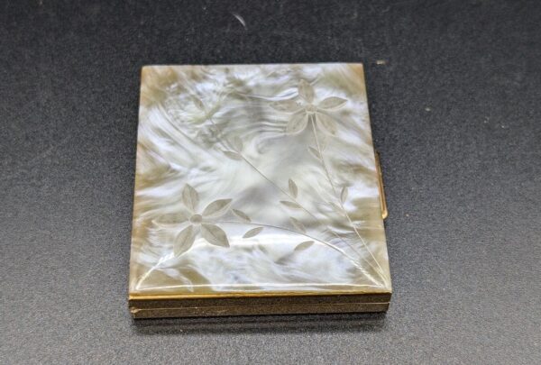 RARE Vintage Refillable Mirrored Compact with Mother of Pearl Floral Design - Antique Makeup Accessory