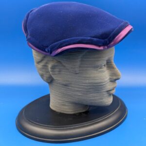 Vintage Saks Fifth Avenue Ladies' Curved Brim Indigo Velvet Skull Cap with Purple Satin Details, Retro 1930s Fashion Hat