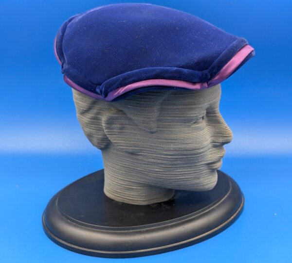 Vintage Saks Fifth Avenue Ladies' Curved Brim Indigo Velvet Skull Cap with Purple Satin Details, Retro 1930s Fashion Hat