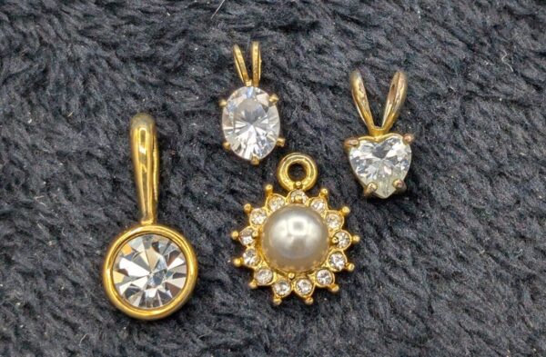Lot of 4 Vintage Faux Diamond Pendants Gold Tone, Retro Style