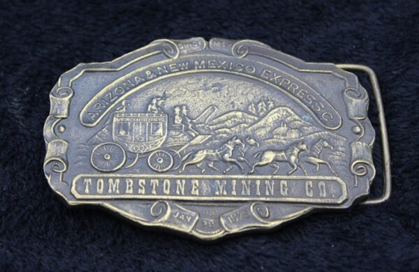 Vintage Brass Belt Buckle for 1.5" Belts --Stagecoach Scene Tombstone Mining Co Arizona New Mexico Express Koleaco Enterprises Garland Texas