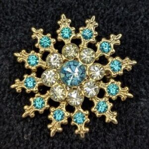 Vintage Gold Tone Snowflake Pin/Brooch with Aqua and White Rhinestones