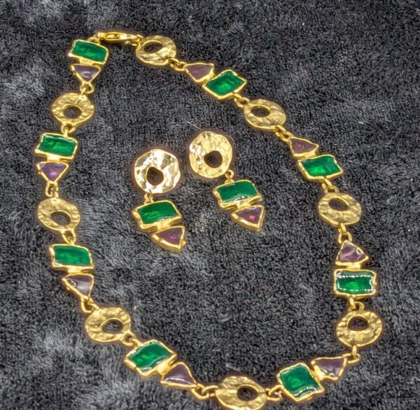 Vintage Gold Tone Necklace and Post Earrings with Geometric Details
