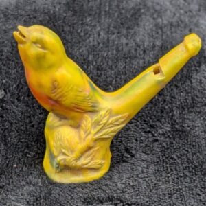 Vintage Irwin Yellow & Red Marbled Celluloid Singing Bird Water Whistle