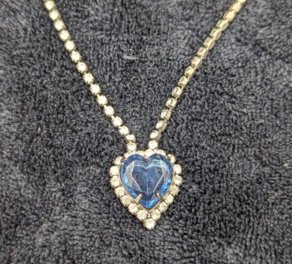 Vintage Blue Heart Rhinestone Necklace | 18” Sparkling Elegance | Heart of the Ocean Inspired with Romantic Retro Glam!