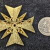 Vintage 1960s Gold-Tone Maltese Cross Brooch | Red Enamel & Ruby Glass Cabochon | Rhinestone Accent Pin | Regal Statement Jewelry - Image 2