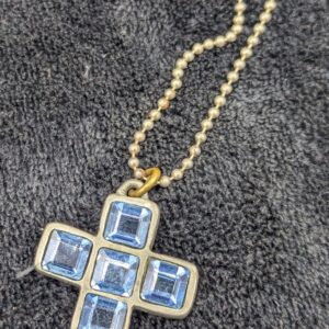 Vintage Todd Oldham Cross Pendant with Uranium Glass and Blue Gemstone on Beaded Chain