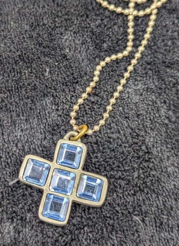 Vintage Todd Oldham Cross Pendant with Uranium Glass and Blue Gemstone on Beaded Chain