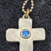 Vintage Todd Oldham Cross Pendant with Uranium Glass and Blue Gemstone on Beaded Chain - Image 2