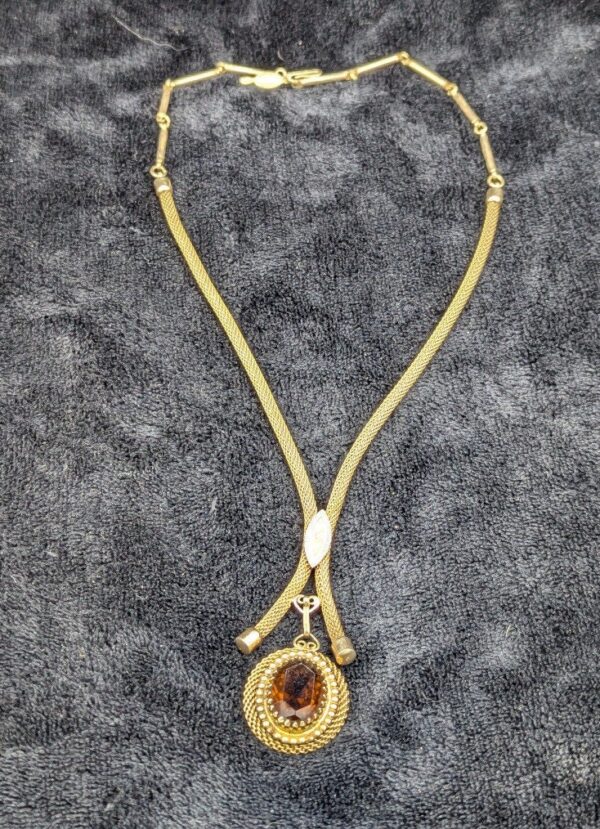 Vintage Sarah Cov Necklace with Large Oval Amber Rhinestone on Mesh Chain