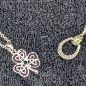 Two Vintage Silver Tone Necklaces, 18" Lucky Horseshoe and 16" Lucky Shamrock/Clover