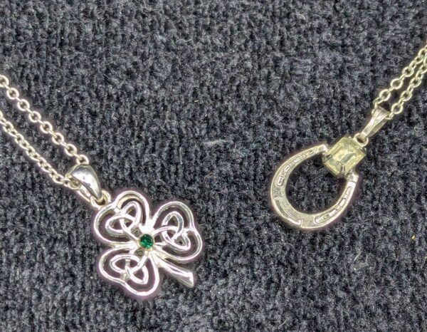Two Vintage Silver Tone Necklaces, 18" Lucky Horseshoe and 16" Lucky Shamrock/Clover