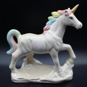 Vintage Ceramic Unicorn Figurine | Rainbow Mane Pastel Fantasy Decor | White Unicorn with Gold Horn – Magical Collectible Wow! LGBTQIA Pride
