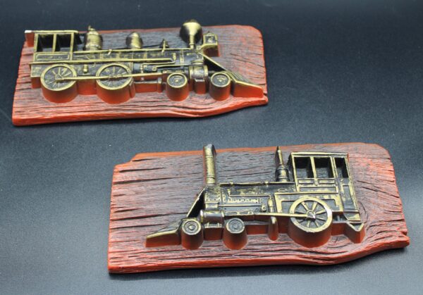 Vintage 1975 Miller Studio Train Locomotive Chalkware Wall Plaques - Minor Flaws - Mechanical Decor Set