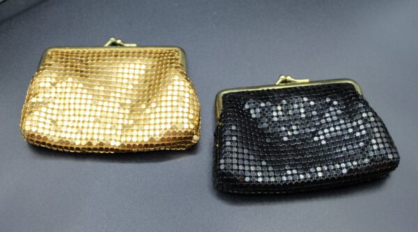 Set of 2 Vintage Aluminum Mesh Coin Purses - Black and Gold, Retro Clutch Handbags, Small Accessories for Women