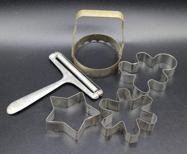 Vintage Kitchen Tools Lot: Cookie, Biscuit Cutters, Cheese Slicer, Metal Shapes