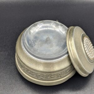 Vintage Silver Tone Musical Powder Box with Faux Pearl Details -- WORKS!