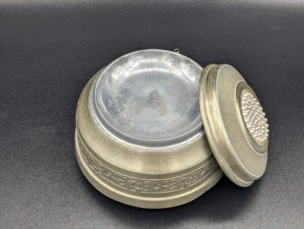Vintage Silver Tone Musical Powder Box with Faux Pearl Details -- WORKS!