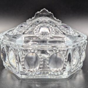 Vintage L.E. Smith Clear Glass Beaded Medallion Hexagonal Trinket Box