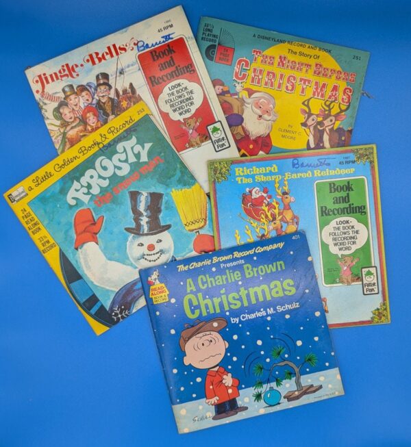 Lot of 5 Vintage Children's Books w/Records - Night Before Christmas, Charlie Brown Christmas, Jingle Bells, Frosty the Snowman, +1