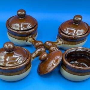 Vintage Country Peddler Ceramic Soup Set, New in Box, Never Used, Rustic Brown, Pottery, Soup Bowls with Lids