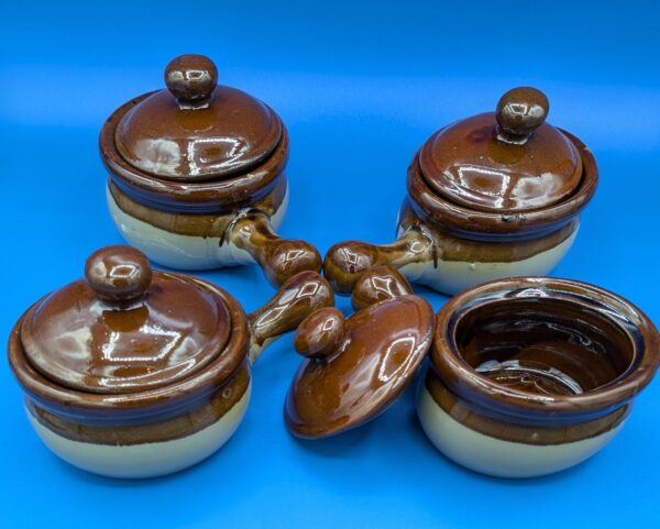 Vintage Country Peddler Ceramic Soup Set, New in Box, Never Used, Rustic Brown, Pottery, Soup Bowls with Lids